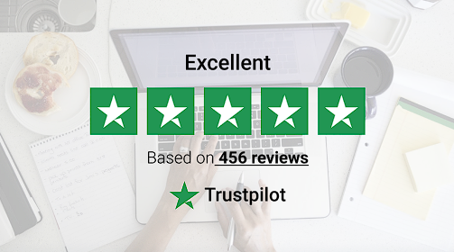Five green stars rating with the word Excellent and Based on 456 reviews from Trustpilot badge on a desk scene