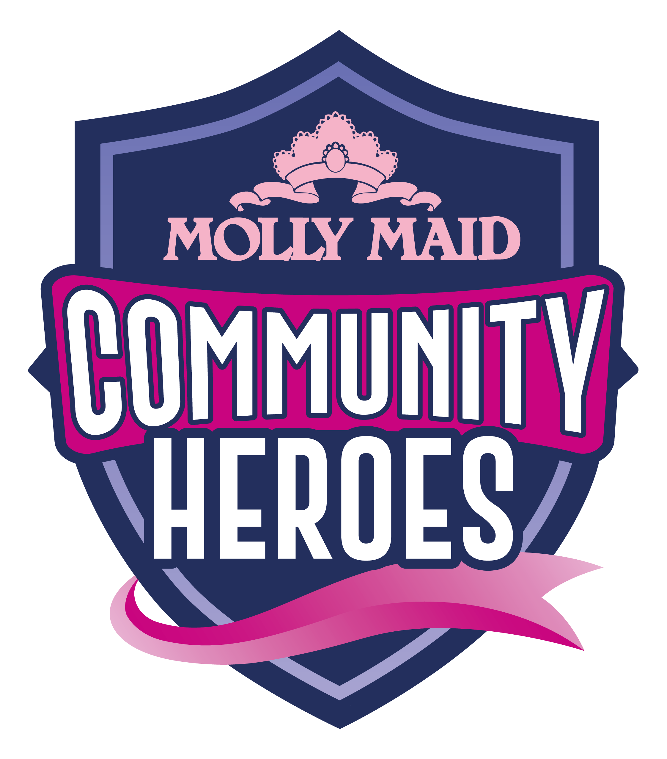 Shield shaped badge featuring navy and purple borders pink crown and the words MOLLY MAID above a pink ribbon COMMUNITY HEROES appears in bold white letters below